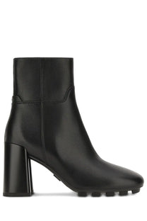 Hogan women’s stivale h695 black leather ankle boot with chunky block heel and textured rubber sole