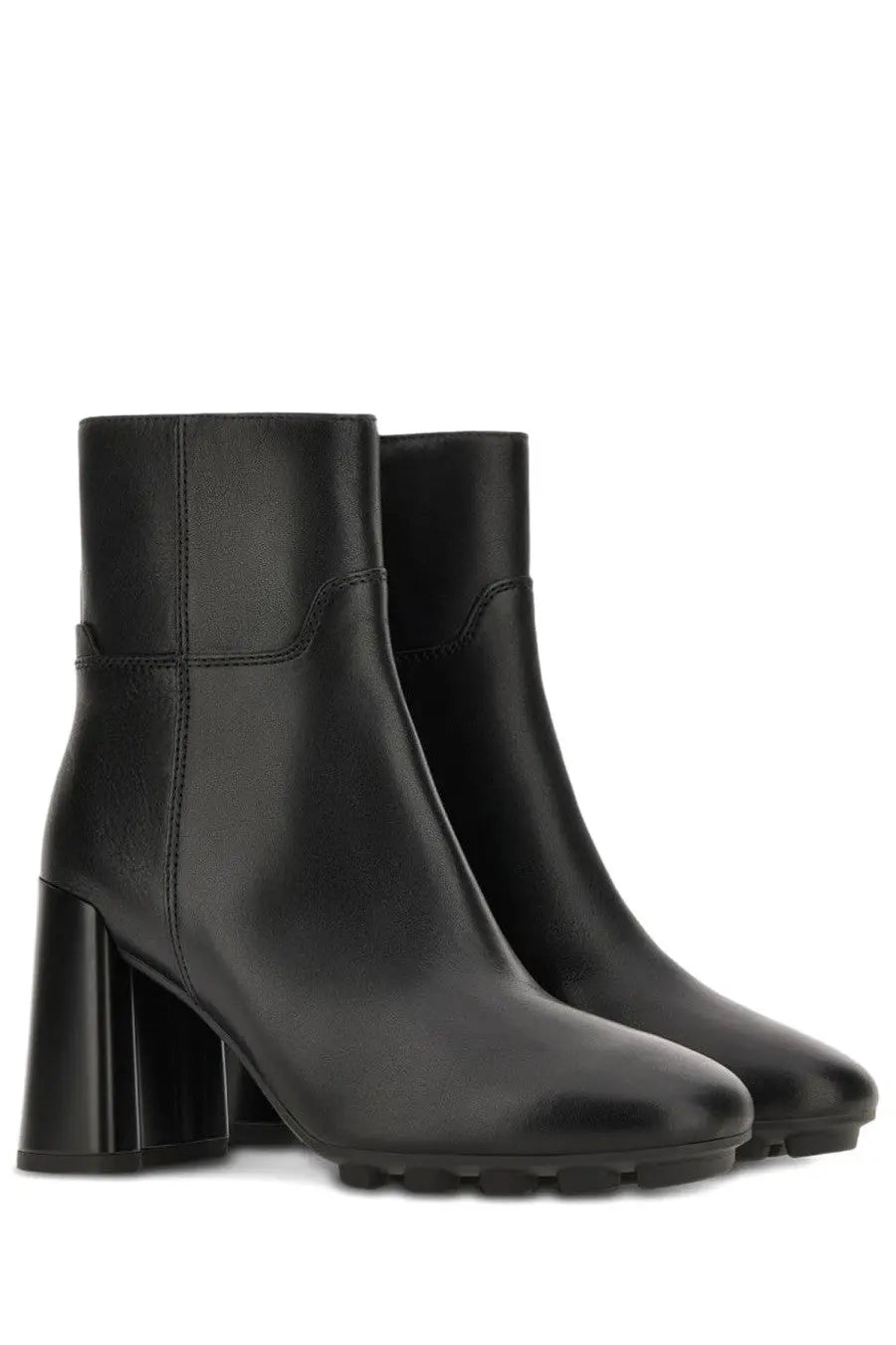 Hogan women’s stivale h695 black leather ankle boots with chunky block heel and textured rubber sole