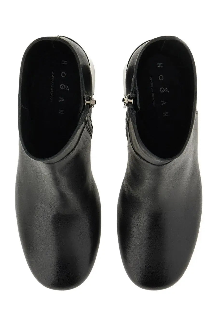 Hogan women’s stivale h695 black leather ankle boots with glossy finish and silver zipper accents