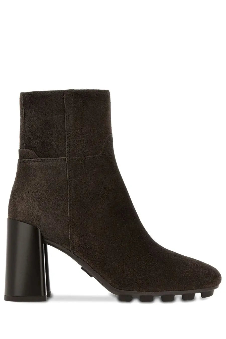 Hogan womens stivale h695 dark brown suede ankle boot with chunky black heel and textured rubber sole