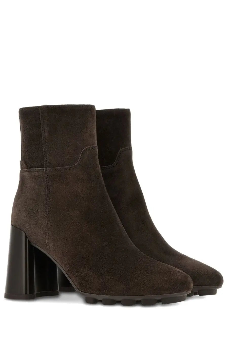 Hogan women’s stivale h695 dark brown suede ankle boots with chunky black heel and textured rubber sole
