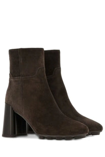 Hogan women’s stivale h695 dark brown suede ankle boots with chunky black heel and textured rubber sole