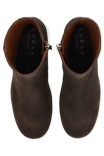 Hogan women’s stivale h695 dark brown suede ankle boots with inner zipper and branded insole