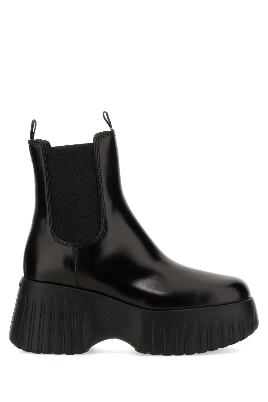 Hogan women’s stripe chelsea boot black in black patent leather with a chunky ribbed platform sole
