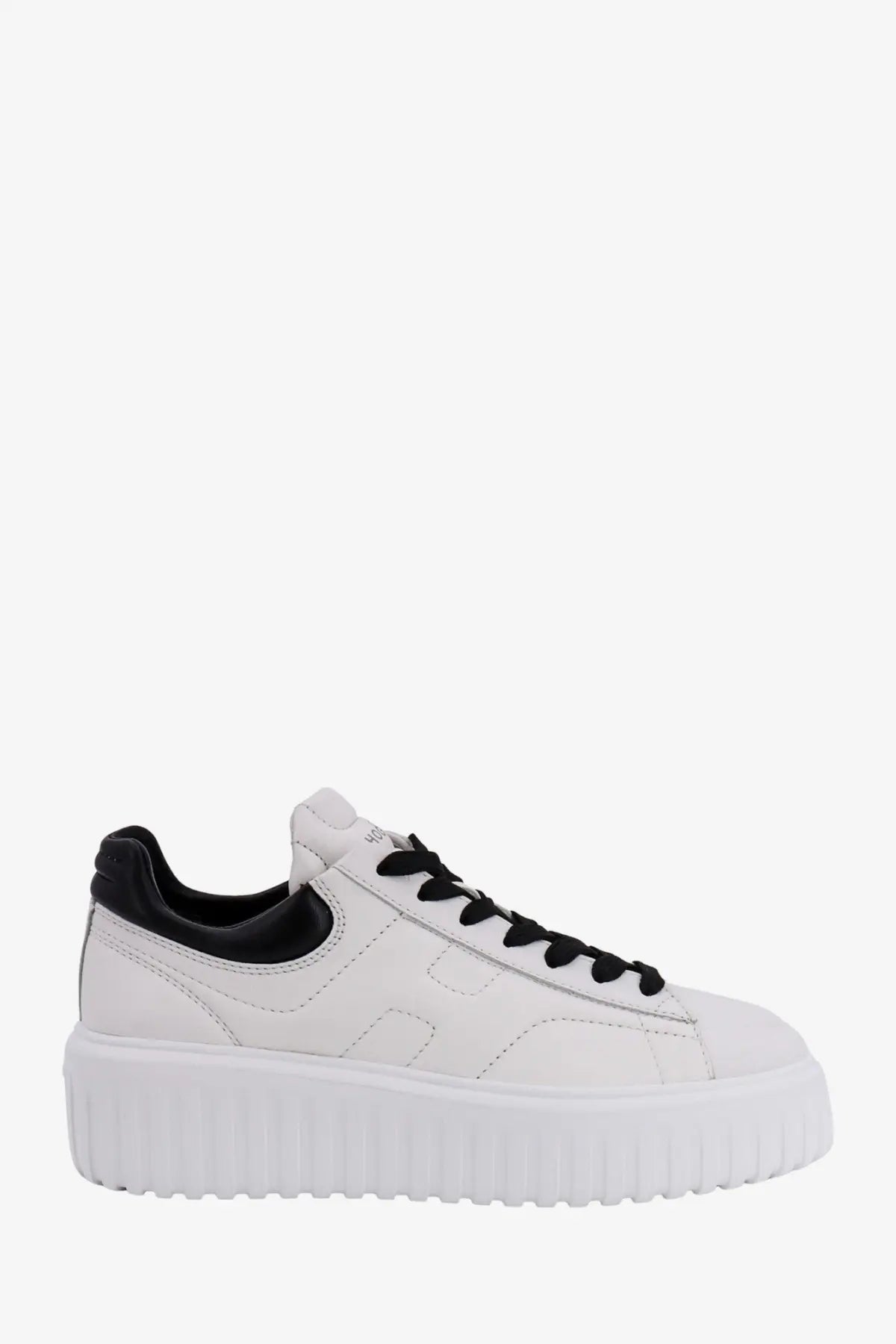 Hogan womens stripes white leather low-top sneaker with black laces heel tab and thick white platform sole