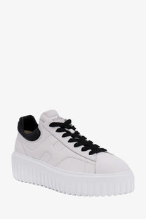 Hogan women’s stripes leather sneakers white with white platform, black laces, black heel tab, and textured rubber sole