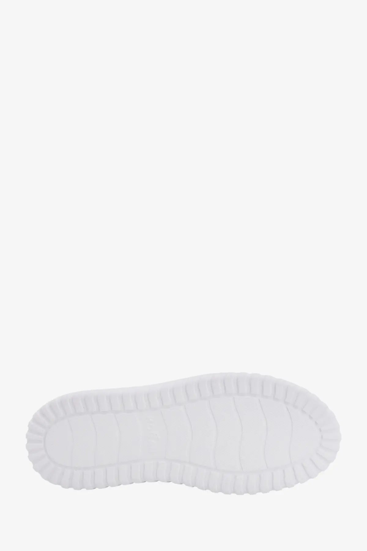 White rubber sole with textured wavy edge of hogan women’s stripes leather sneakers white shown from the back side