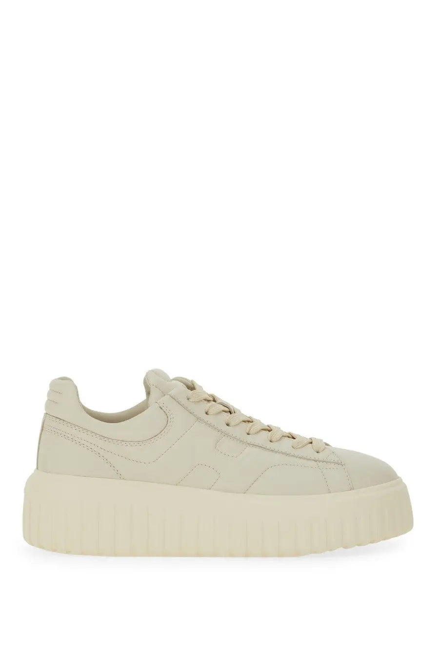Cream-colored hogan women’s stripes sneaker with smooth leather upper and textured rubber platform sole