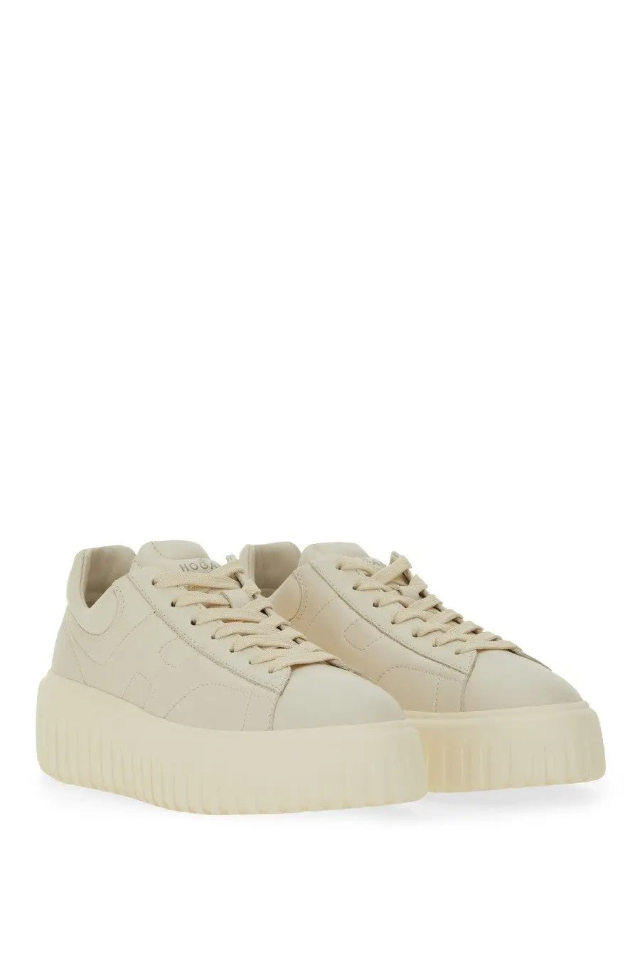 Cream-colored hogan women’s stripes platform sneakers with suede-like upper and ribbed rubber sole