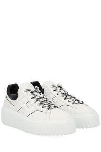 Hogan women’s stripes sneaker white leather with black laces and chunky white sole for casual wear