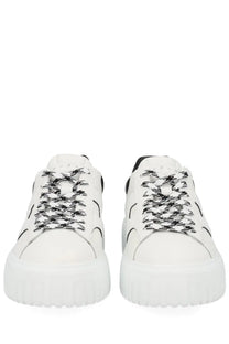Hogan women’s stripes sneaker white leather with subtle houndstooth pattern black laces and contrasting black stitching