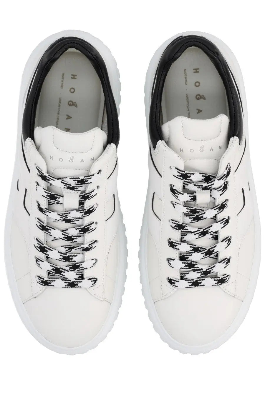 Hogan women’s stripes sneaker white with black houndstooth laces and chunky sole in leather material