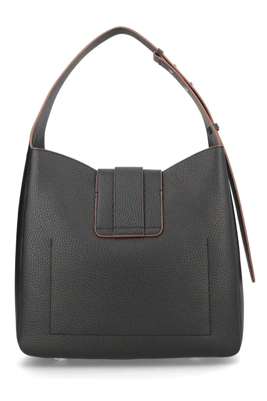 Hogan women’s trend hobo bag in black pebbled leather with contrasting brown straps and minimalist flap closure