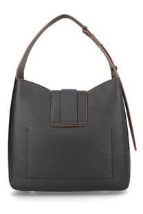 Hogan women’s trend hobo bag in black pebbled leather with contrasting brown straps and minimalist flap closure