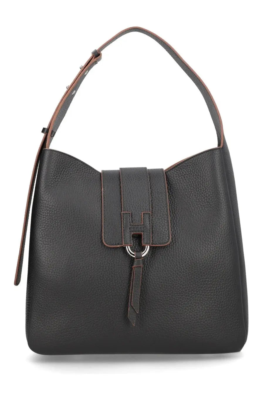 Hogan women’s trend hobo bag black textured leather with brown stitching and h-shaped metal clasp