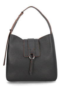 Hogan women’s trend hobo bag black textured leather with brown stitching and h-shaped metal clasp