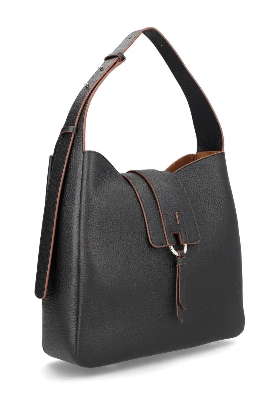 Hogan women’s trend hobo bag in black textured leather with brown stitching and silver-toned h-shaped clasp