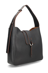 Hogan women’s trend hobo bag in black textured leather with brown stitching and silver-toned h-shaped clasp