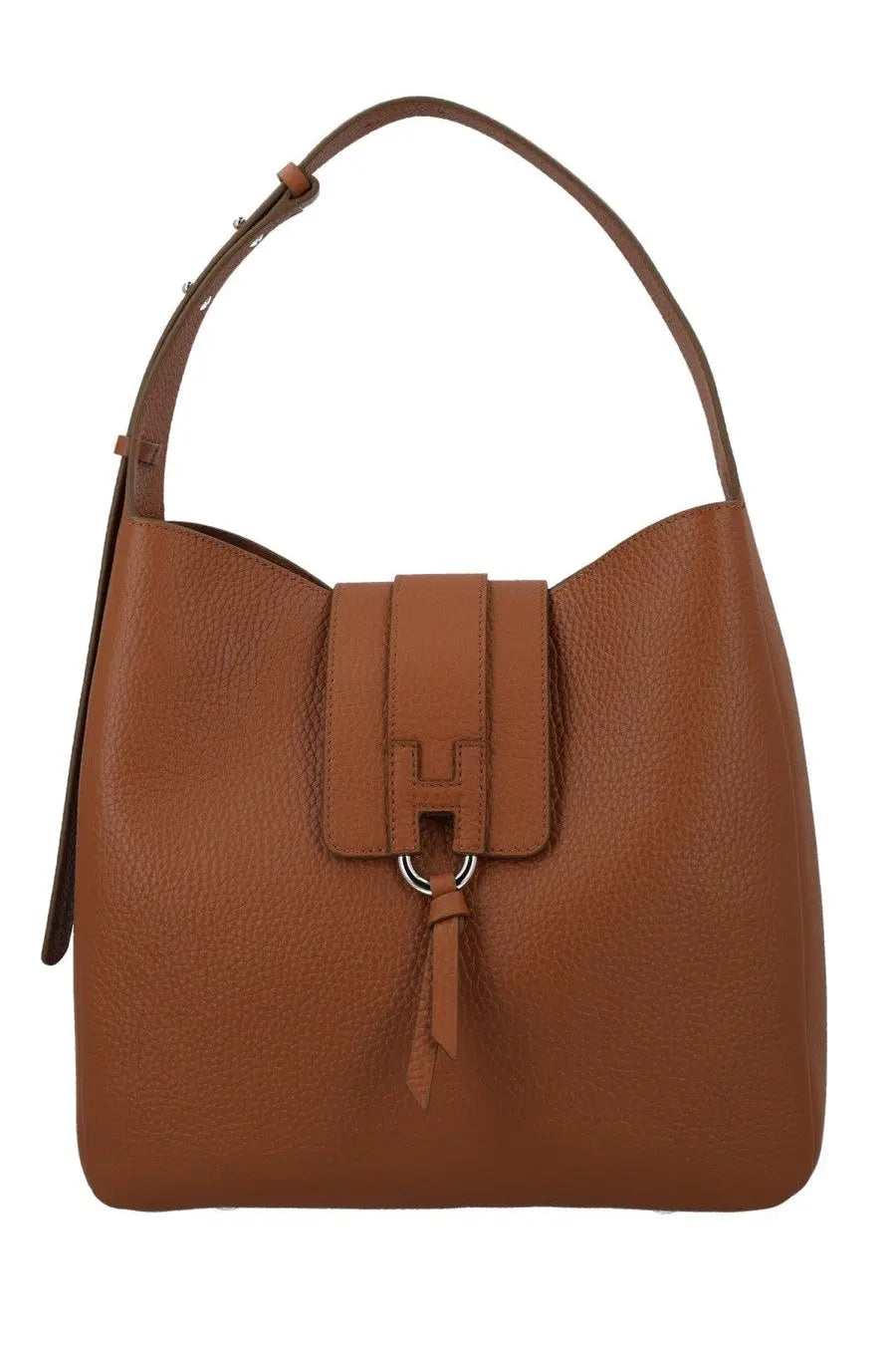 Hogan women’s trend hobo bag in brown leather with prominent h logo clasp and matching tassel detail