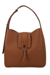 Hogan women’s trend hobo bag in brown leather with prominent h logo clasp and matching tassel detail
