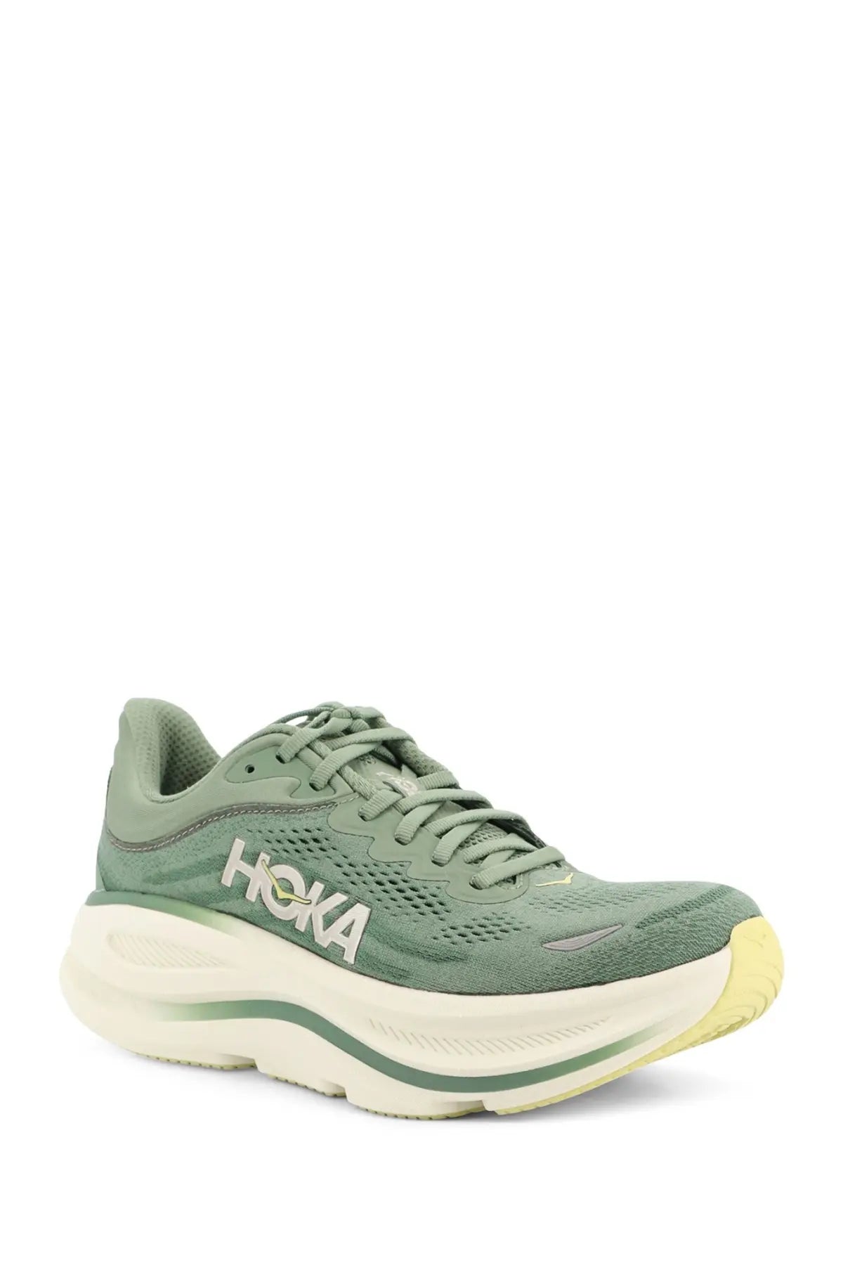 Hoka men’s Bondi olive green running shoe with synthetic fabric, white midsole, and subtle yellow accents