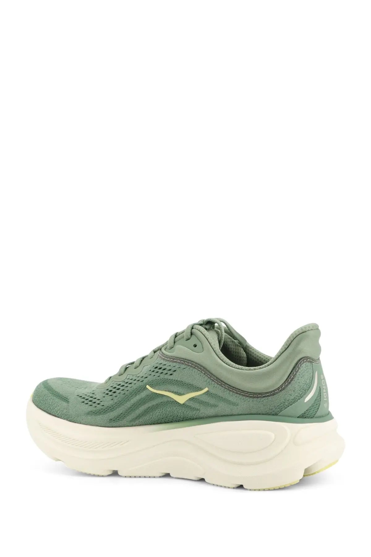 Hoka men’s bondi synthetic fabric olive green running shoe with cream sole and subtle yellow logo
