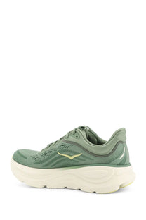 Hoka men’s bondi synthetic fabric olive green running shoe with cream sole and subtle yellow logo
