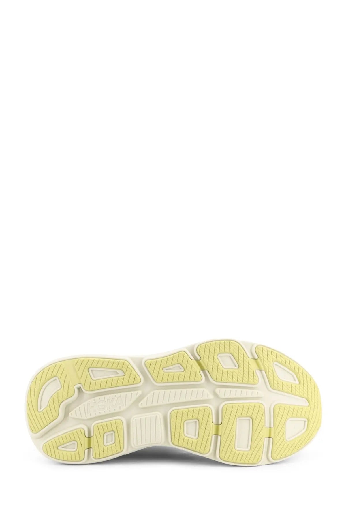 The shoe sole of Hoka men’s Bondi synthetic fabric sneakers features a bold geometric pattern in pale yellow and off-white rubber