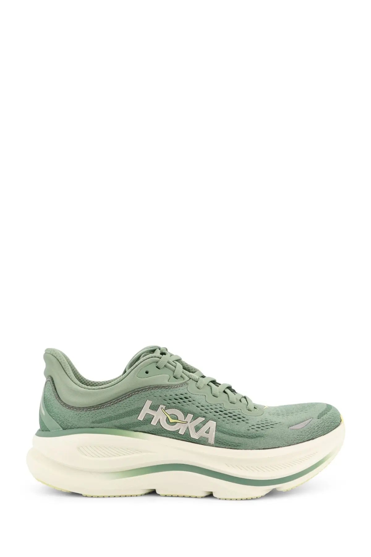 A sleek moss-green hoka men’s bondi synthetic fabric sneaker with breathable mesh upper and thick cushioned sole