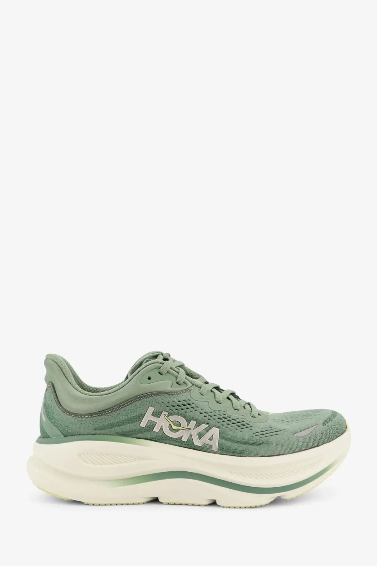 Hoka men’s bondi synthetic fabric sneakers multicolor featuring an olive-green breathable mesh upper and cushioned sole