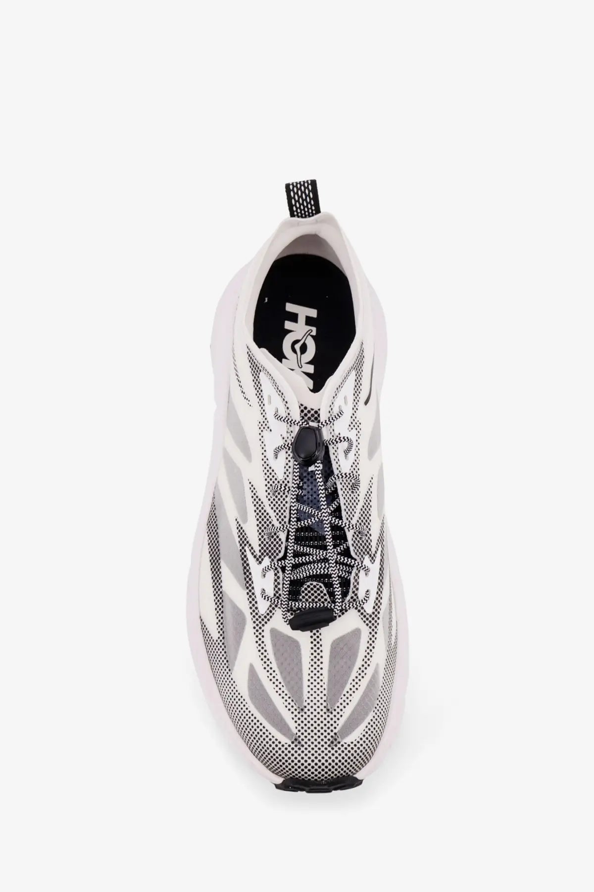 Hoka men’s Mafate Speed Lite TS technical fabric sneakers in white and black with breathable mesh upper and geometric overlays