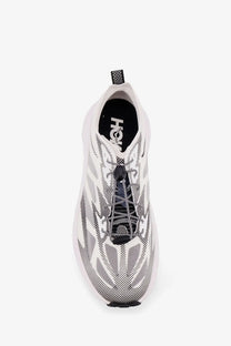 Hoka men’s Mafate Speed Lite TS technical fabric sneakers in white and black with breathable mesh upper and geometric overlays