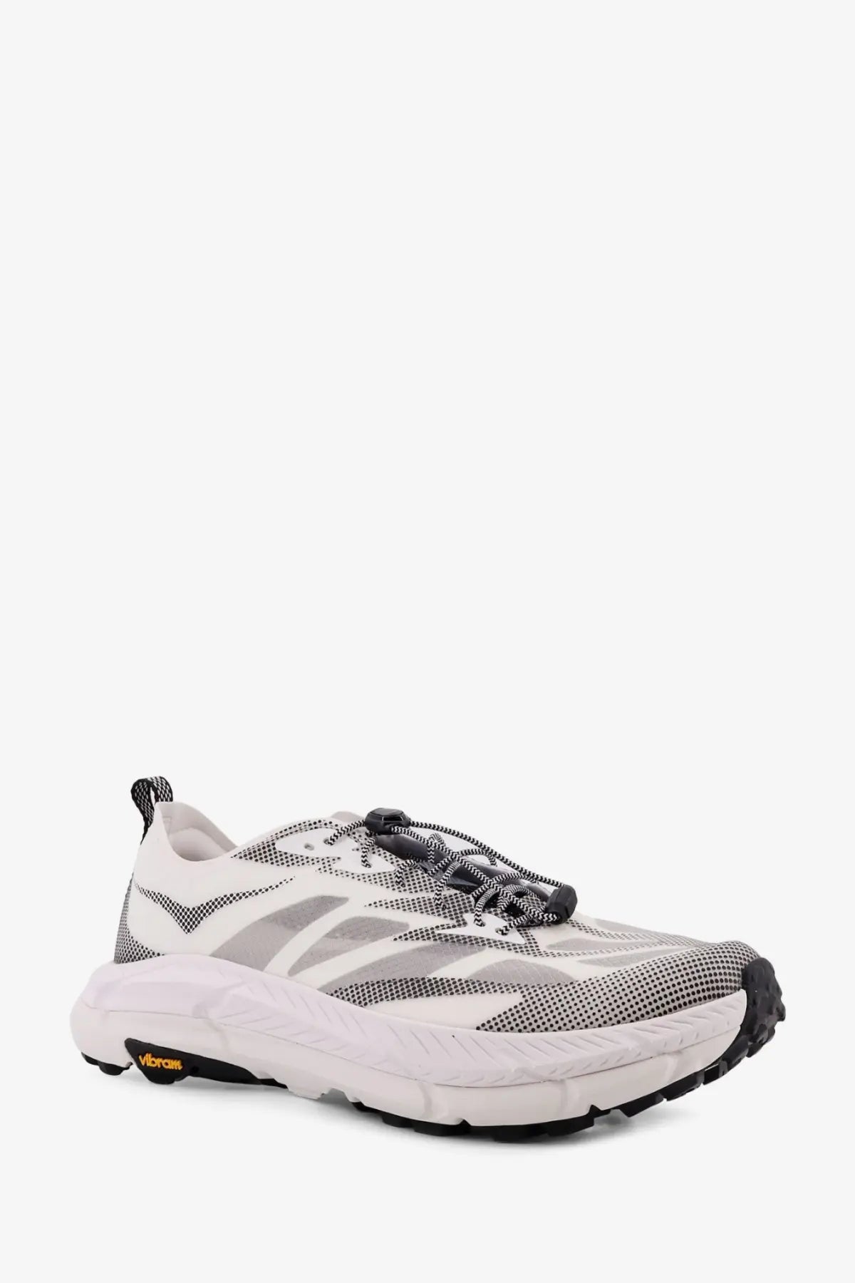 Hoka men’s Mafate Speed Lite TS white and gray running shoe with breathable mesh upper and cushioned Vibram outsole