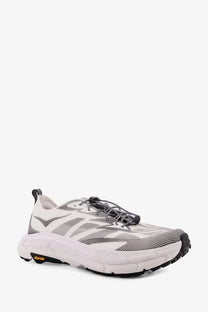 Hoka men’s Mafate Speed Lite TS white and gray running shoe with breathable mesh upper and cushioned Vibram outsole