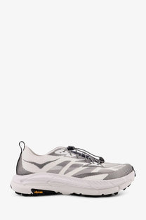 White and gray hoka men’s mafate speed lite ts running shoe with mesh upper black laces and orange vibram logo on sole