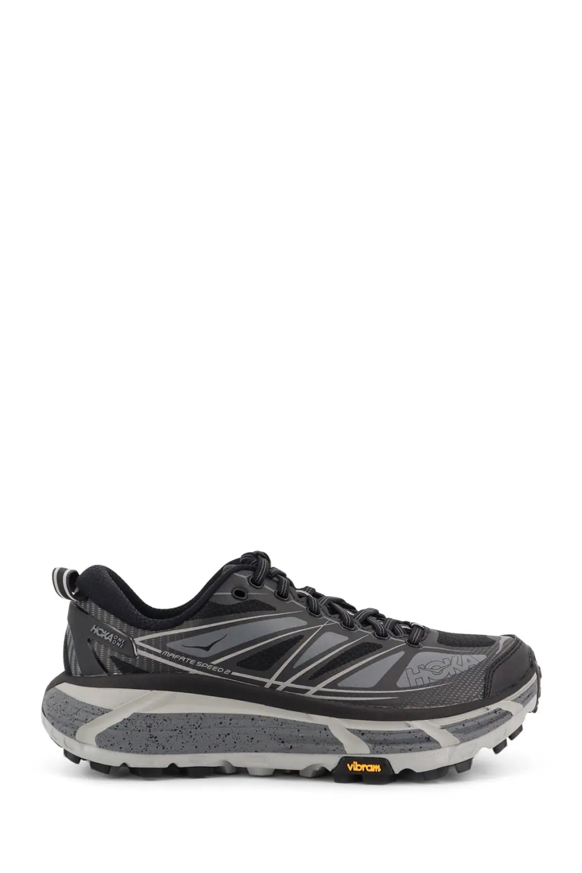 Black and gray hoka one one arahi 4 trail running shoe with speckled midsole and vibram outsole for men