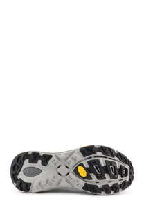 Gray and black hiking shoe sole with yellow vibram outsole on hoka men’s mafate speed mesh and rubber sneakers black