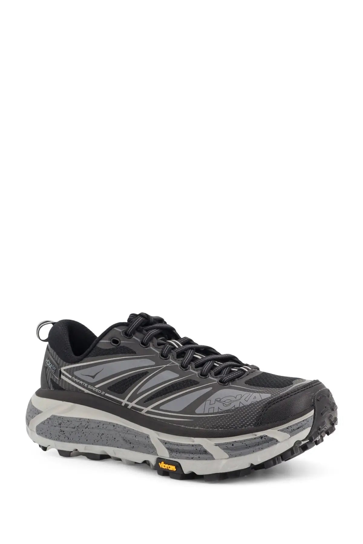 Gray and black hoka men’s mafate speed mesh and rubber sneakers with textured rubber outsole for running