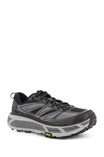 Gray and black hoka men’s mafate speed mesh and rubber sneakers with textured rubber outsole for running