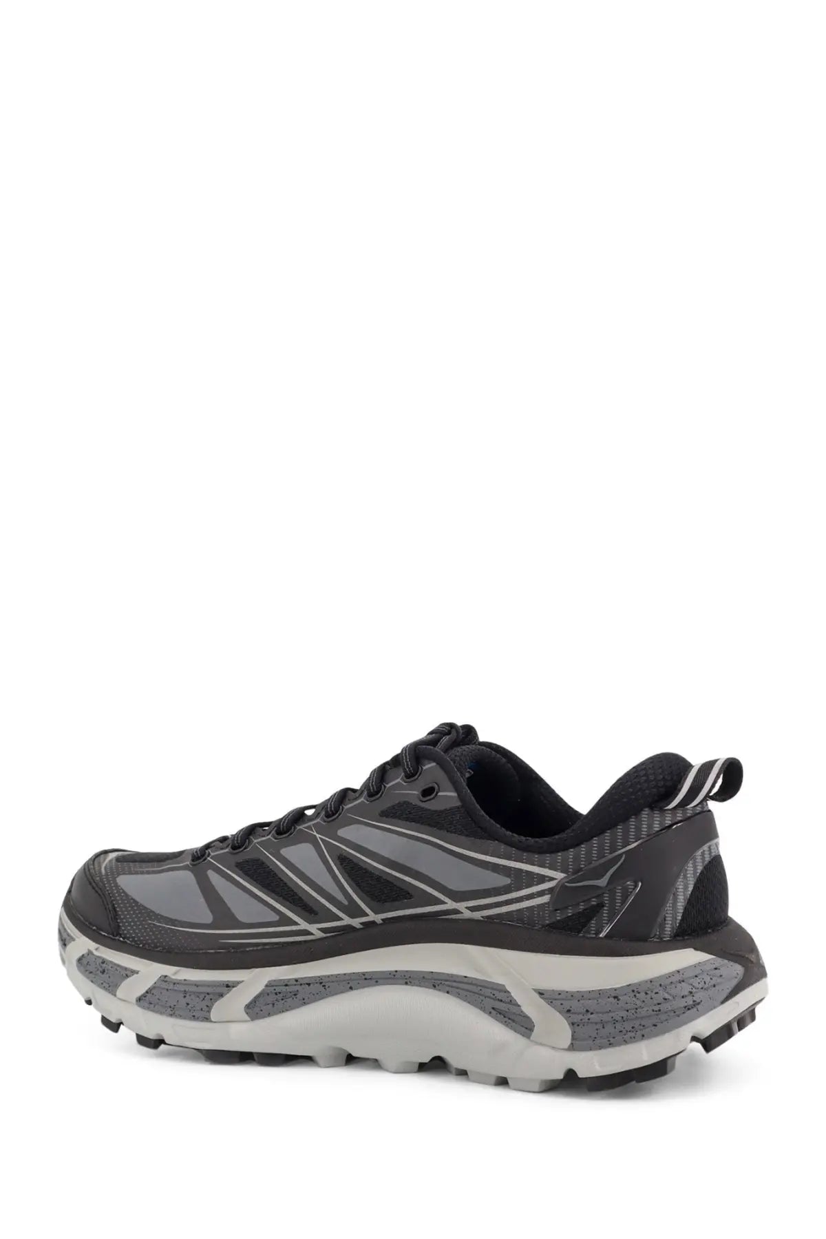 Hoka men’s Mafate Speed mesh and rubber sneakers in black with gray textured mesh upper white midsole and rugged outsole