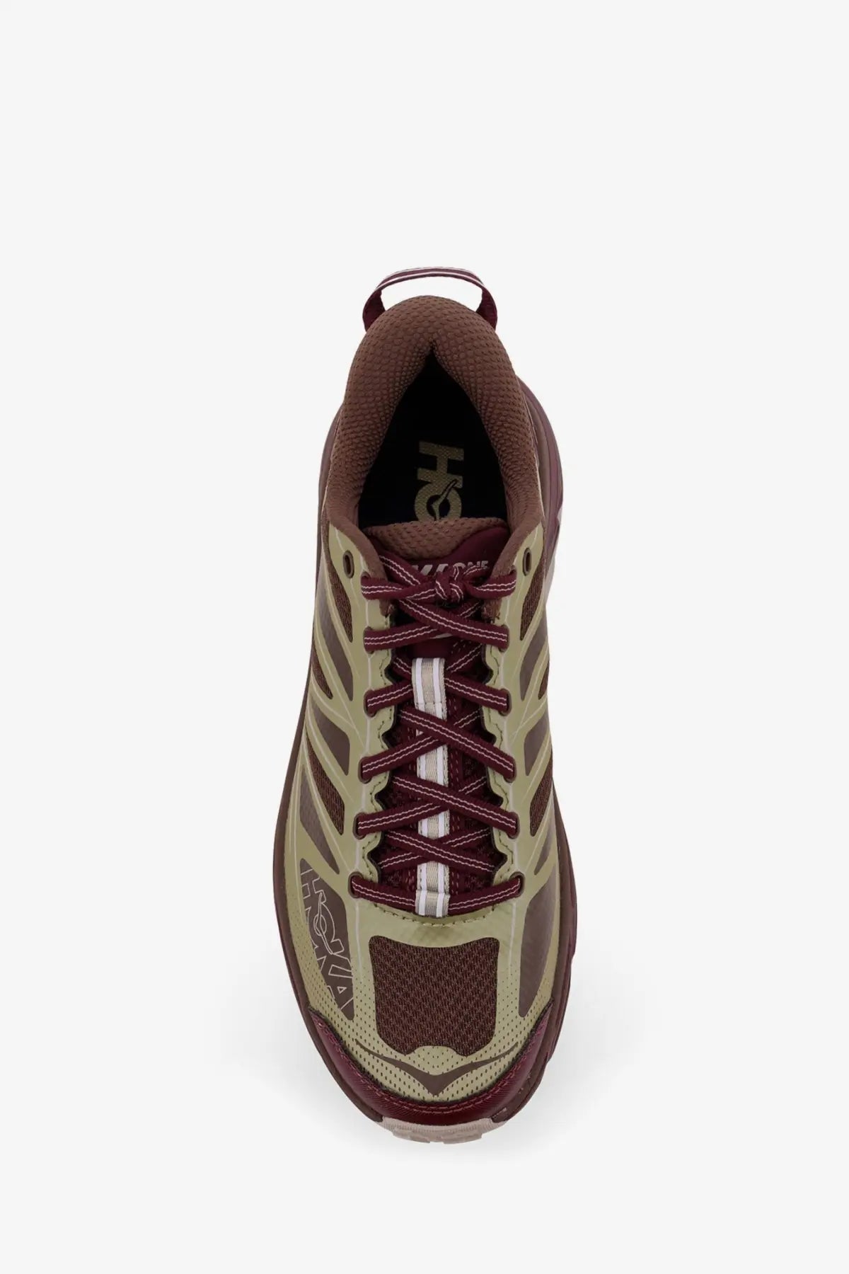 Maroon and olive green hoka one one men’s mafate speed mesh and rubber running shoe with synthetic overlays
