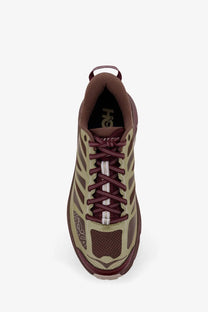 Maroon and olive green hoka one one men’s mafate speed mesh and rubber running shoe with synthetic overlays