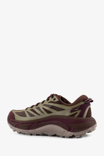 Hoka men’s Mafate Speed mesh and rubber sneakers in maroon and olive green with breathable mesh upper and rugged outsole