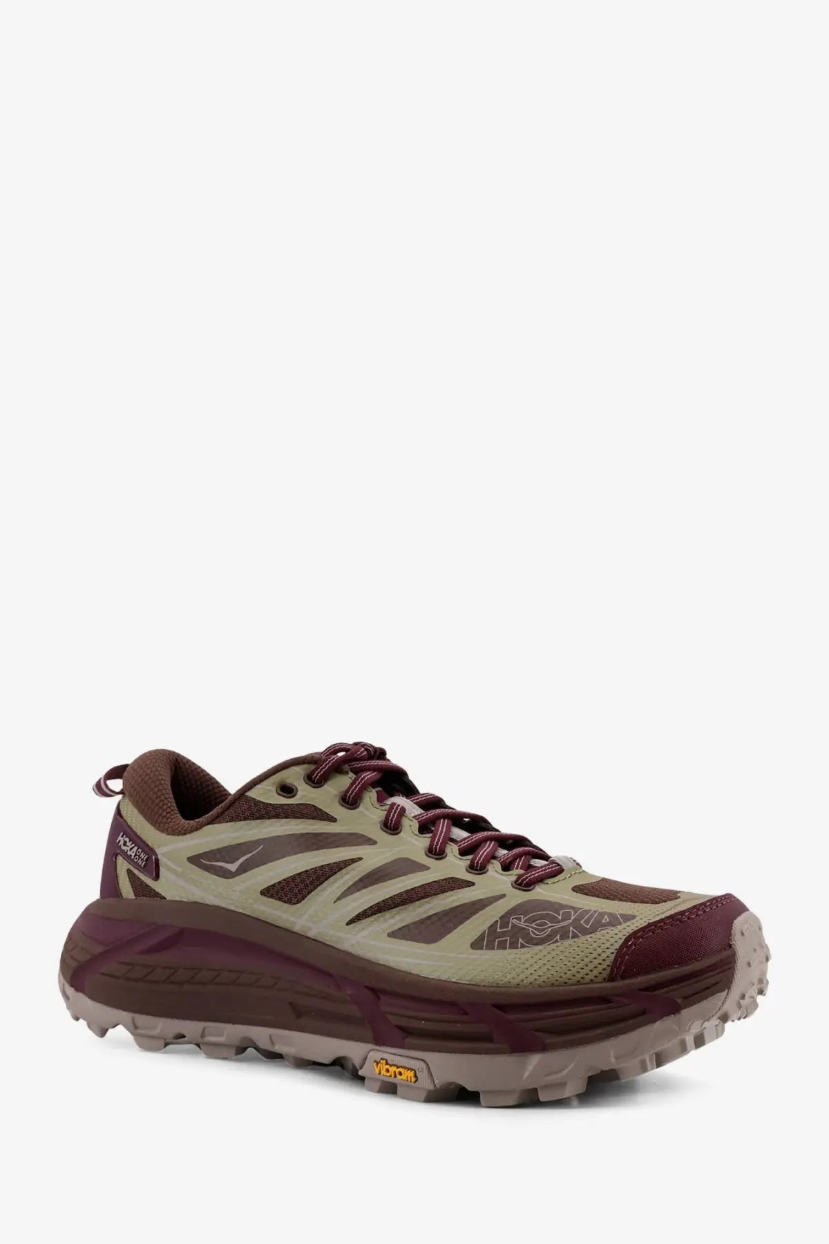 Hoka men’s Mafate Speed mesh and rubber sneakers in maroon and olive green with breathable mesh and Vibram tread