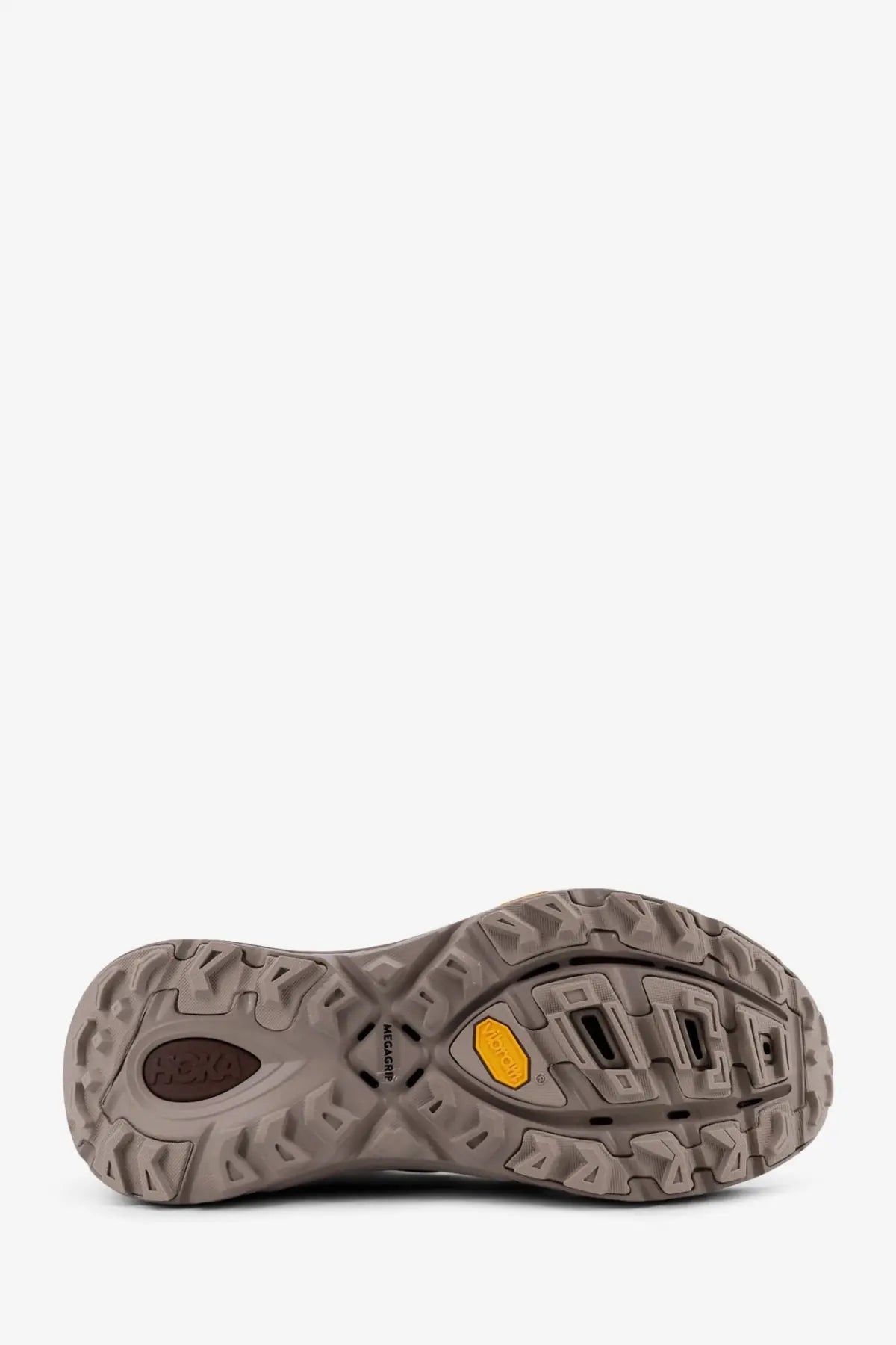 Back view of hoka men’s mafate speed mesh sneaker showing tan rubber outsole with yellow vibram logo and brown heel branding
