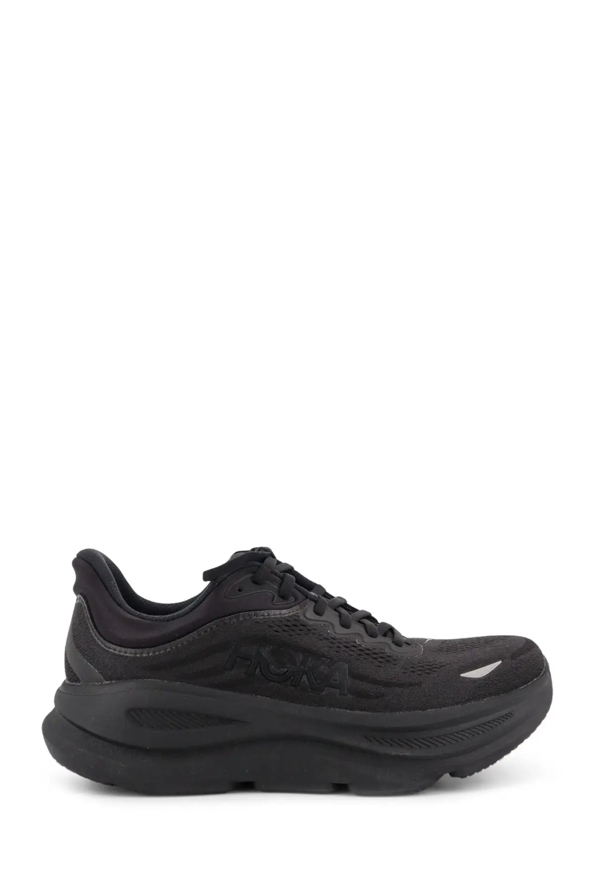 Hoka men’s nylon bondi sneakers black with mesh upper and thick cushioned sole for running and comfort
