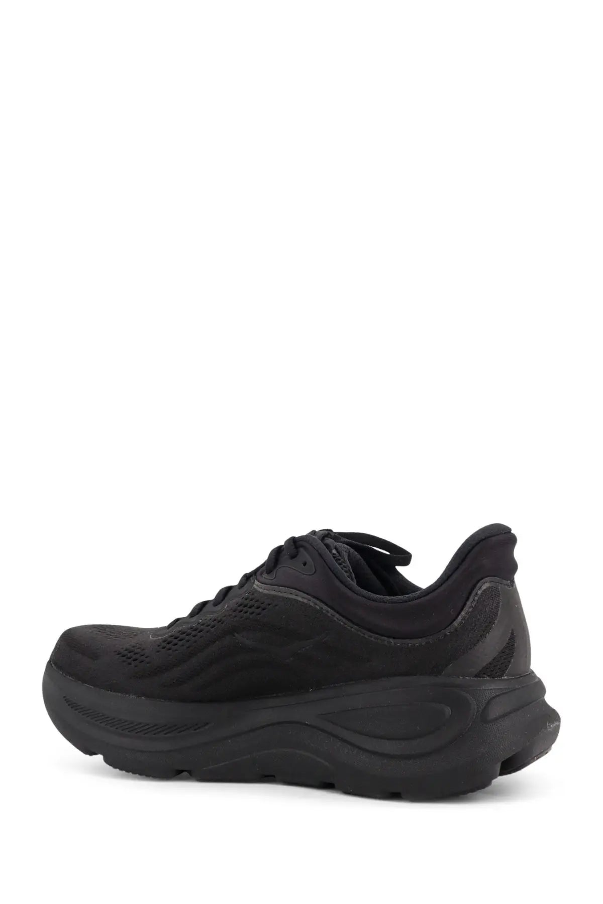 Black Hoka men’s nylon Bondi sneakers with thick cushioned sole and breathable mesh upper for running