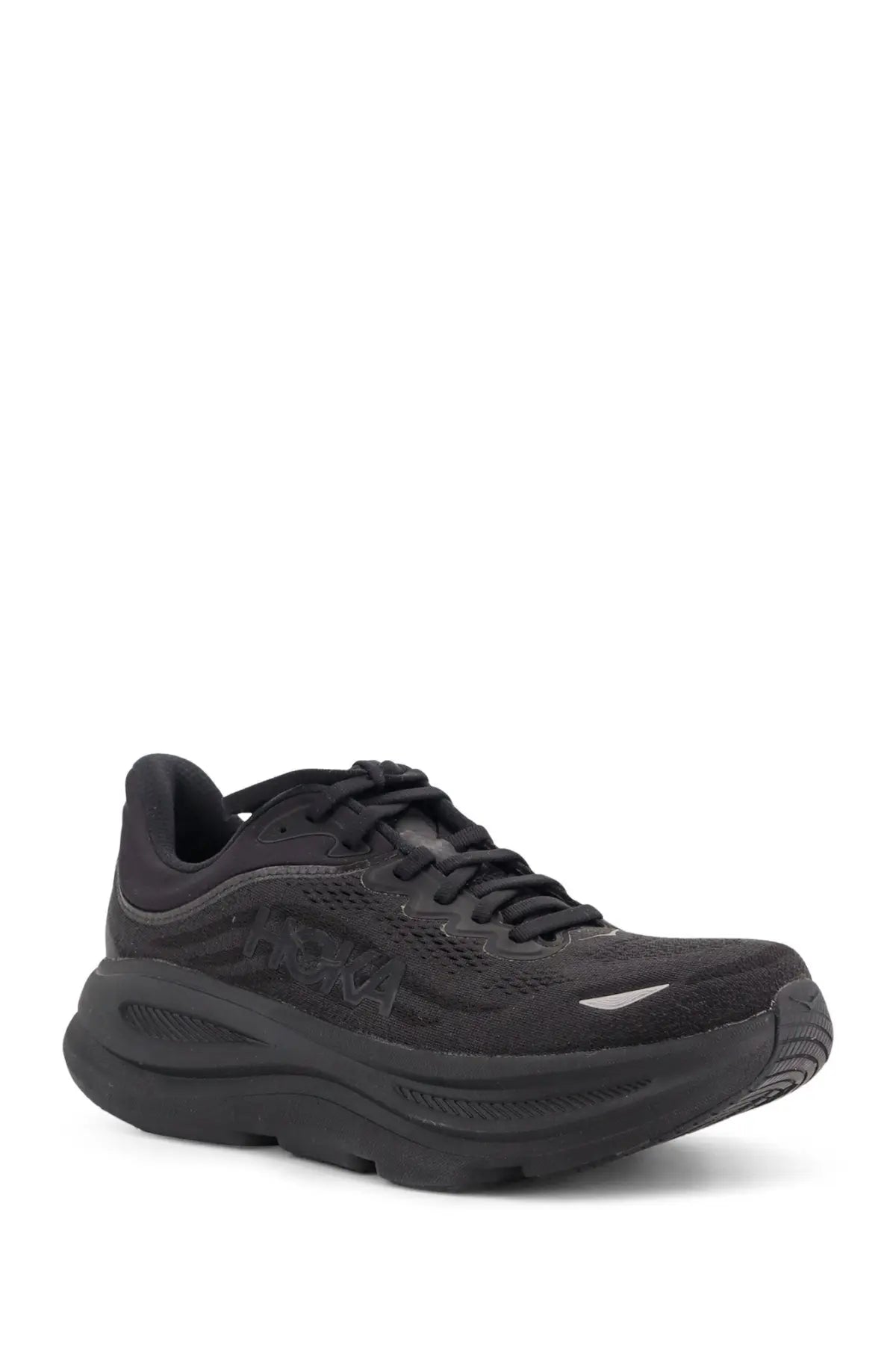 Hoka men’s nylon bondi sneakers black with mesh upper and thick rubber sole designed for running shoes