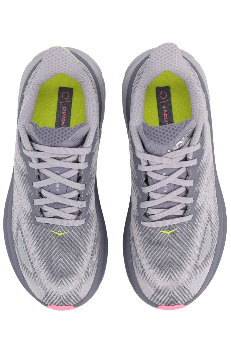 Hoka unisex clifton gtx sneaker grey in gray and neon yellow with textured upper pink toe cap and breathable mesh lining