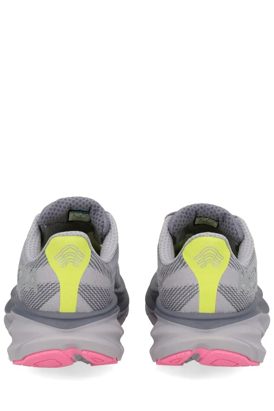 Gray and neon yellow hoka one one unisex clifton gtx sneaker with chunky sole and pink rubber outsole